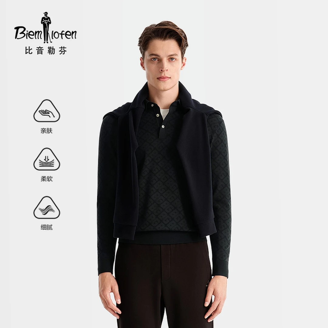 【16针功能纱】比音勒芬秋季男士字母老花满印亲肤长袖翻领针织衫