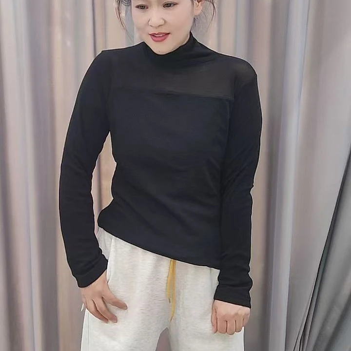 (郑州银基)半高领网纱黑色加绒打底衫女长袖T恤内搭洋气修身