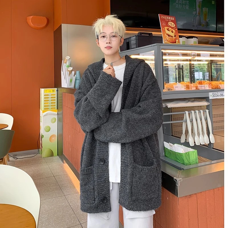 中长款美式连帽开衫毛衣男秋冬季外套潮感宽松休闲保暖痞帅针织衫