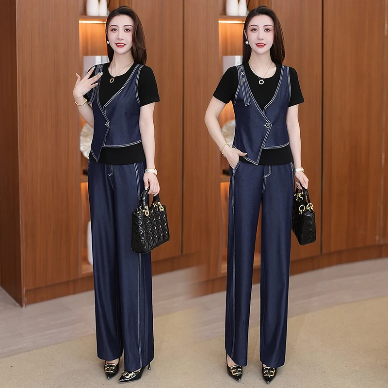 时尚洋气套装女2025夏季新款假两件牛仔T恤上衣阔腿裤显瘦两件套