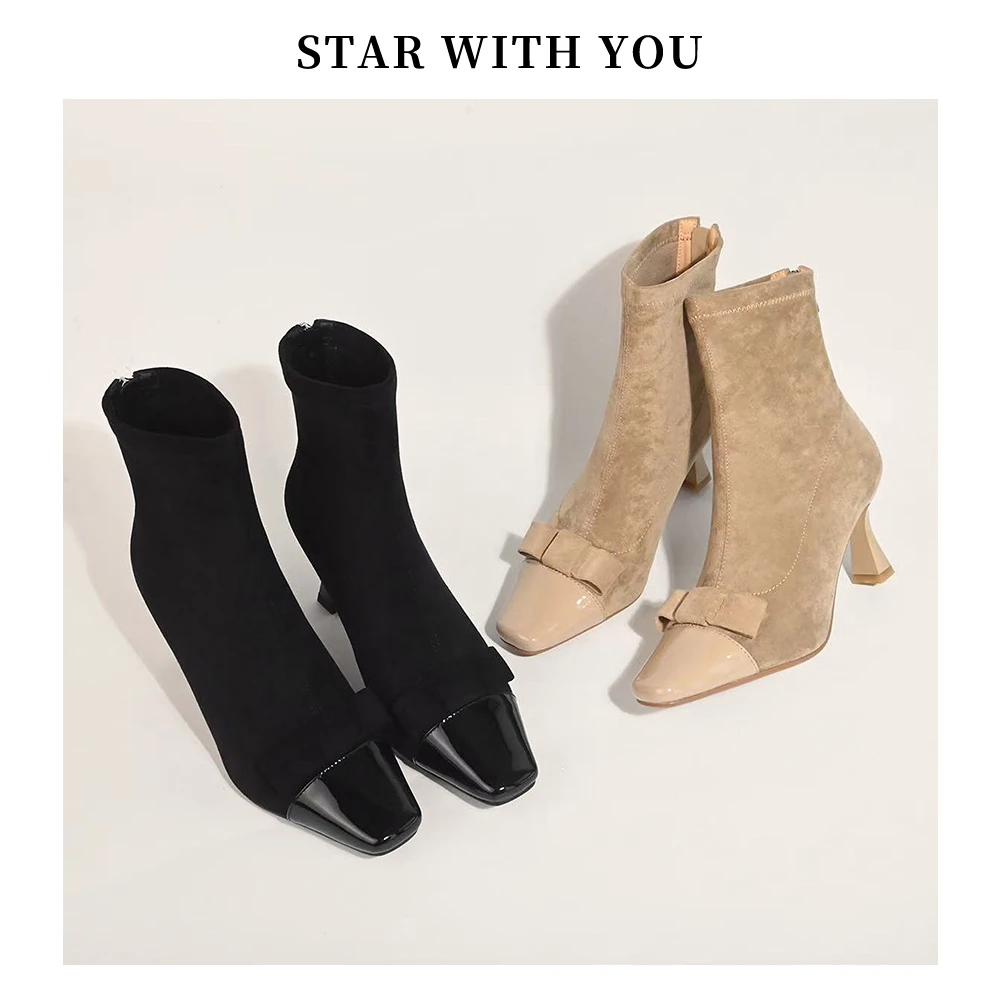 【Lemon】法式精致小方头细跟气质名媛风蝴蝶结瘦瘦靴7cm