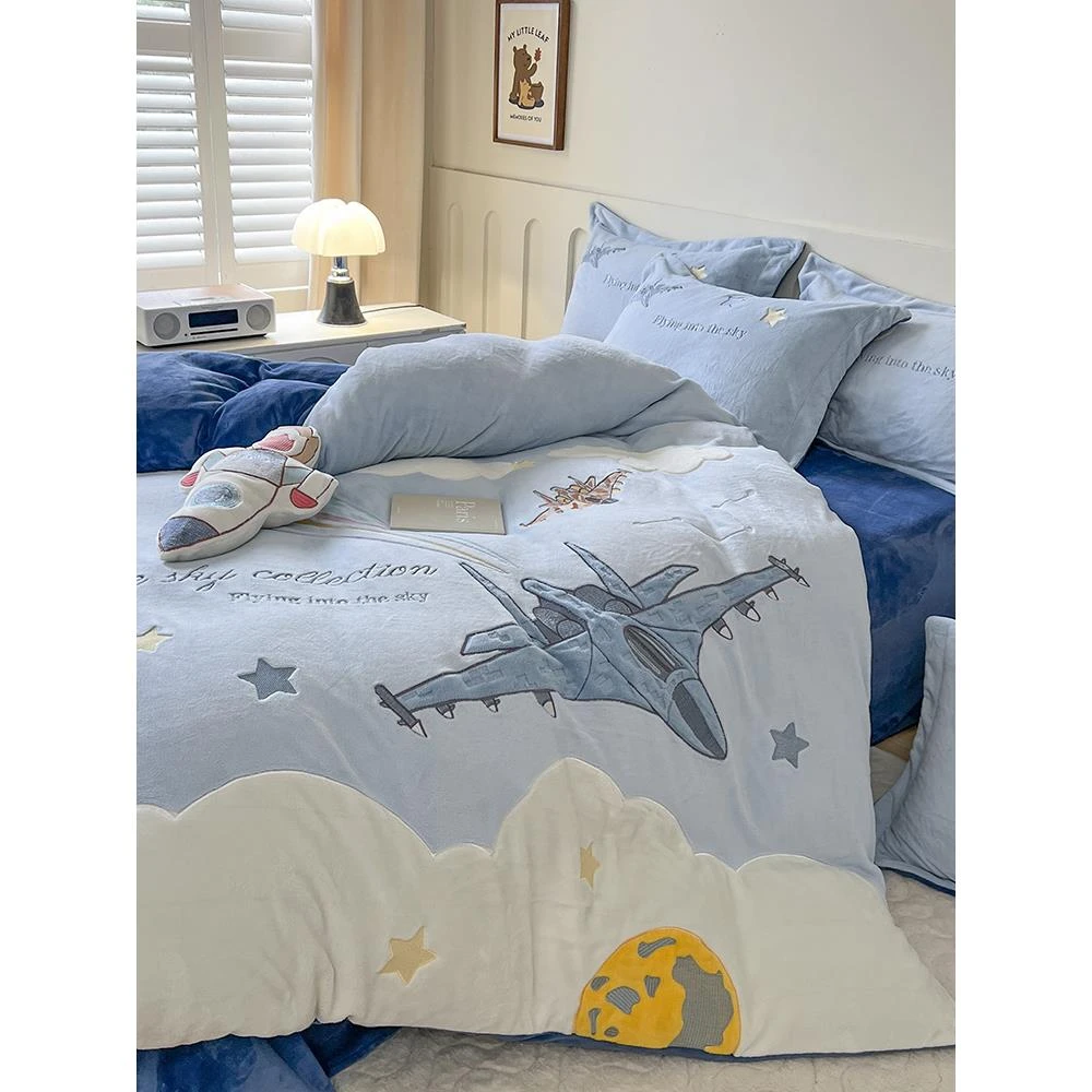 冬季卡通风加厚牛奶绒四件套儿童男孩飞机双面珊瑚绒被套床上用品