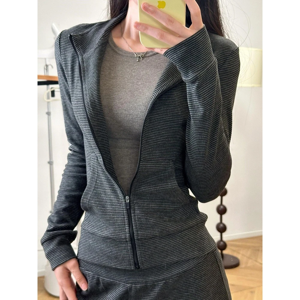 灰色条纹卫衣外套女修身上衣韩系休闲裤套装秋冬季2025新款老钱风