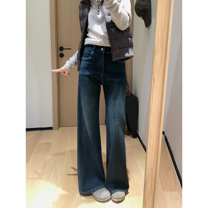 大码冬季蓝灰色微喇遮胯显瘦牛仔裤女梨形身材高腰弹力百搭喇叭裤