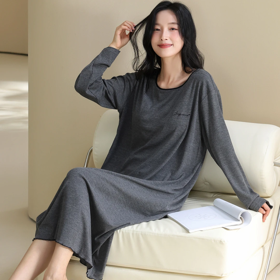 带胸垫睡裙长袖春秋季睡衣女宽松休闲中长裙学生连衣裙可外穿裙子