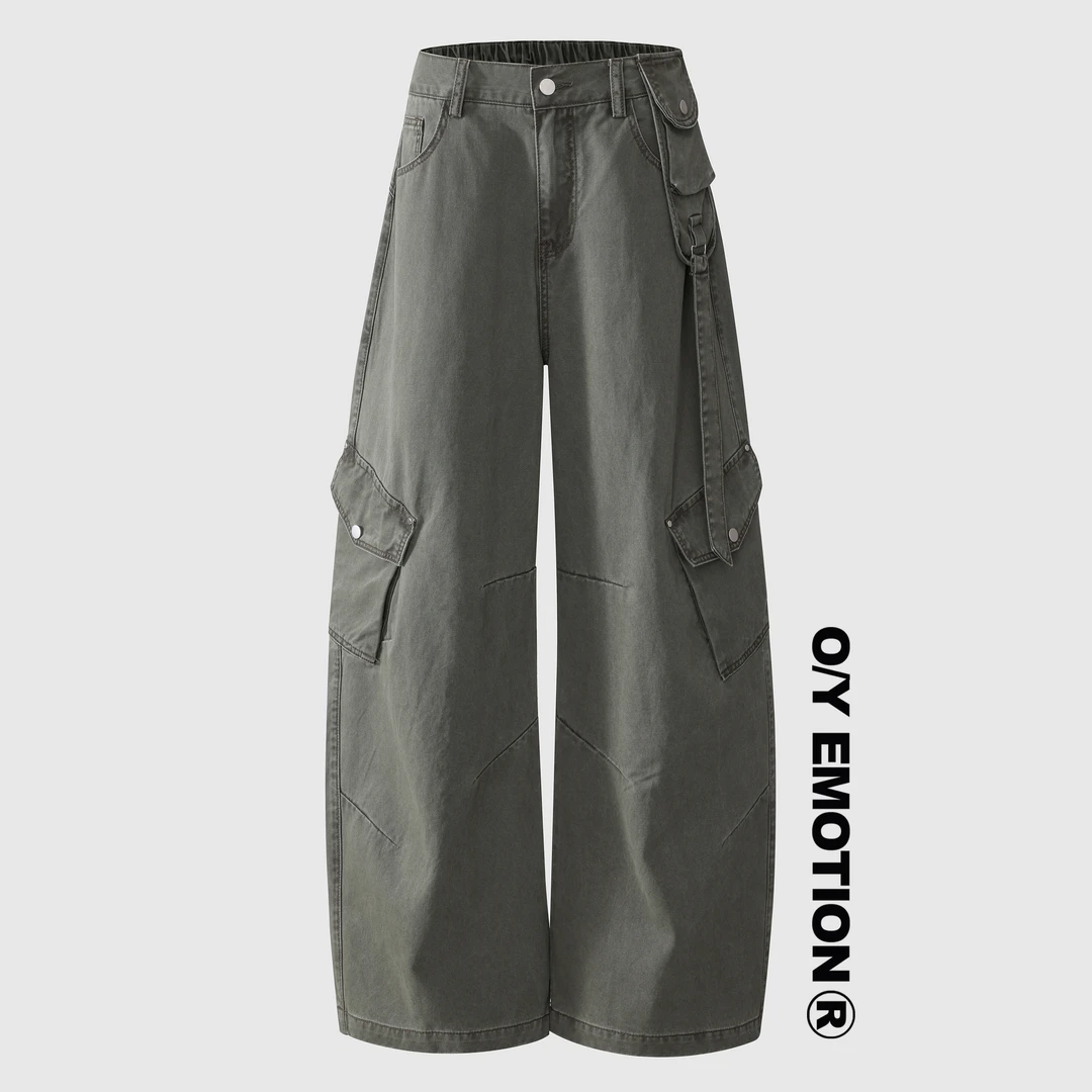 O/Y自制 潮牌复古多口袋宽松阔腿工装裤新款高腰显瘦直筒镰刀裤
