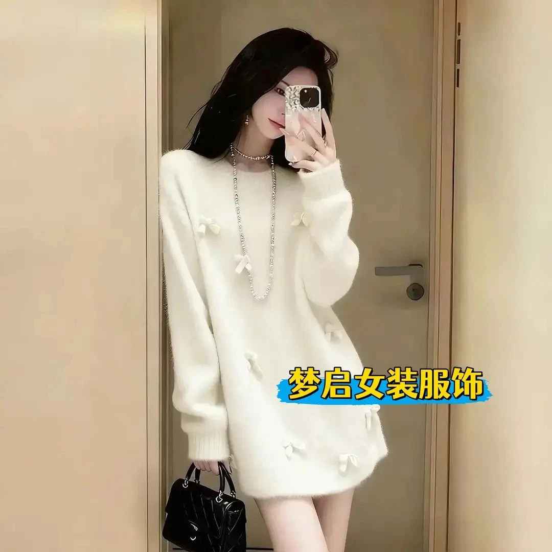 法式立体蝴蝶结针织连衣裙女2025秋冬季新款慵懒风宽松毛衣短裙子