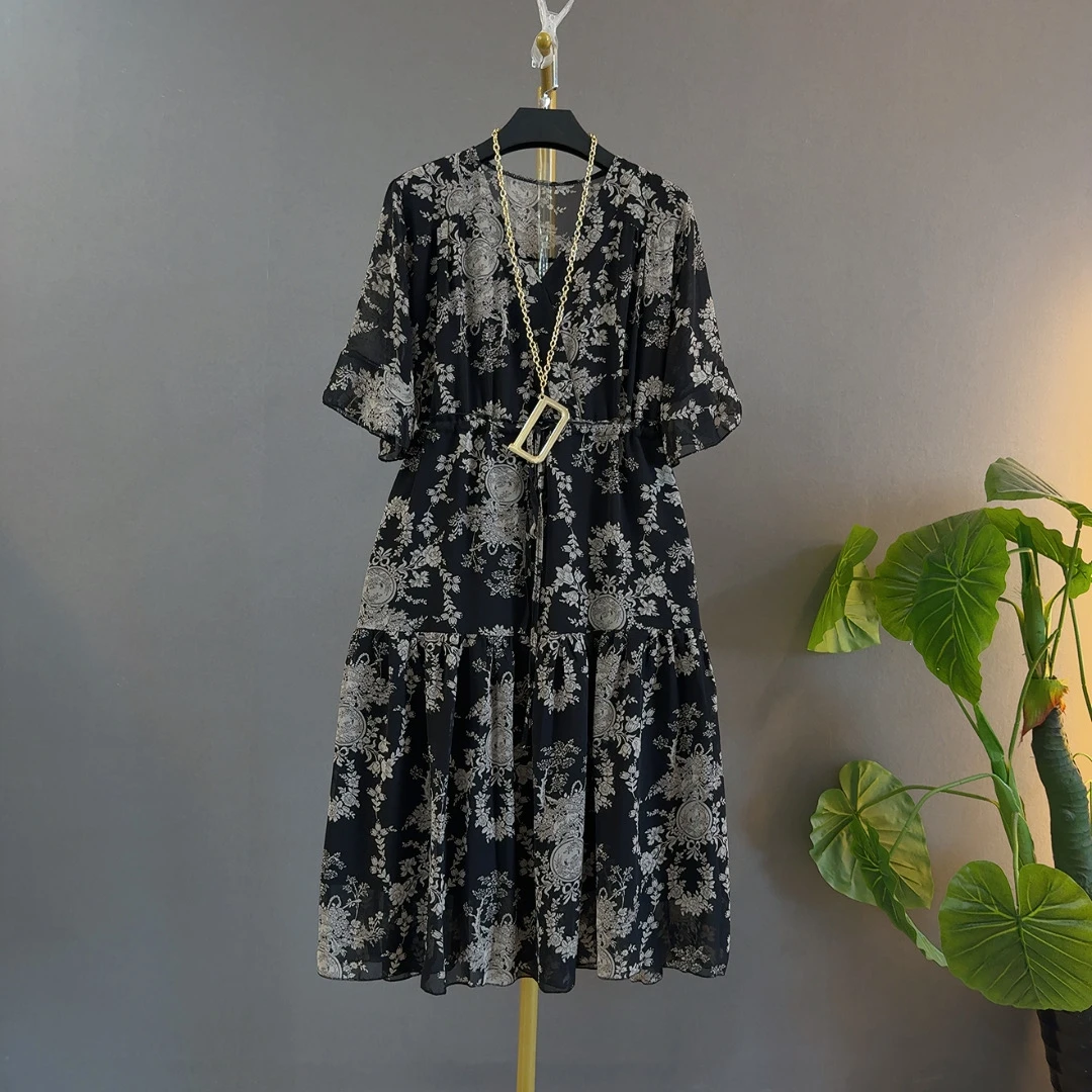 短袖夏季A字裙V领长裙大码连衣裙