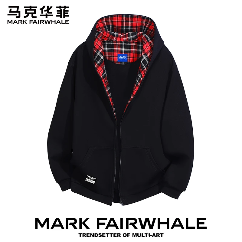 马克华菲2025新款格子连帽卫衣外套男女款美式浅灰情侣装潮牌开衫