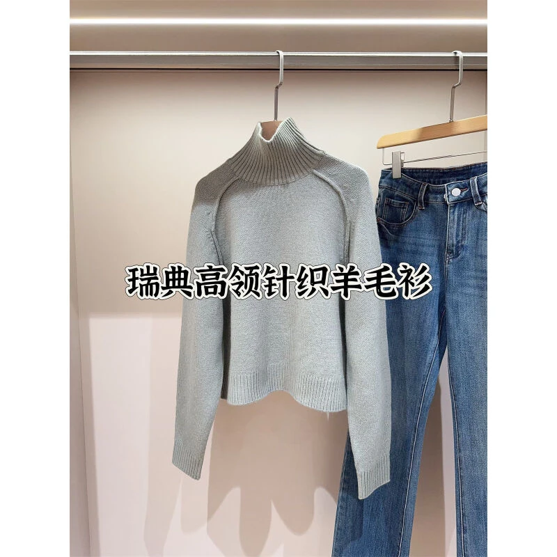 羊毛混纺秋冬复古保暖半高领短款针织毛衣上衣女