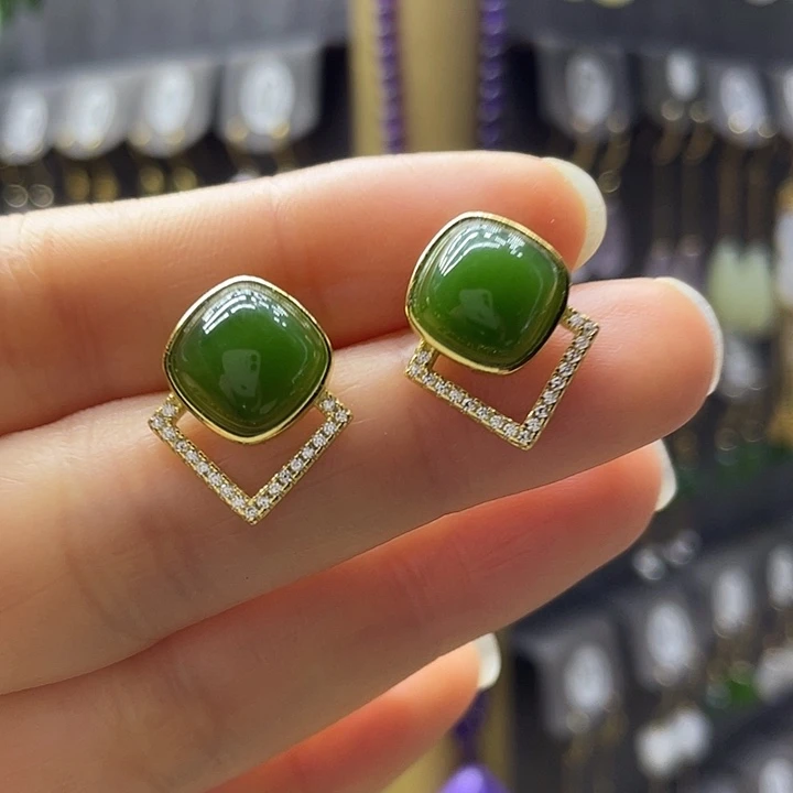 和田玉银S925镀金镶嵌耳饰