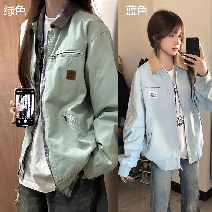 日系复古超好看翻领外套女春秋季底特律潮牌男女款工装夹克棒球服