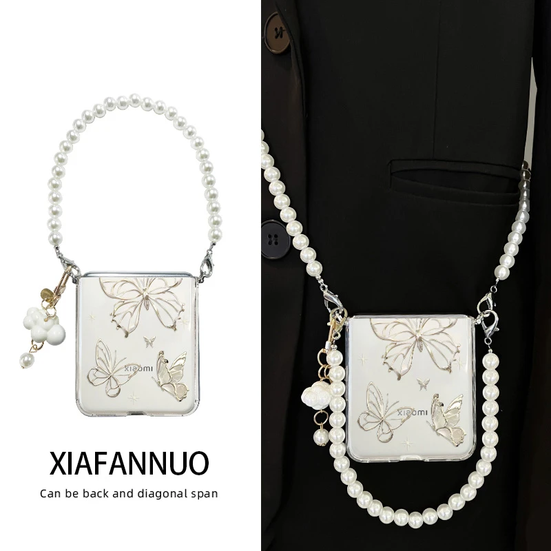 适用小米mixflip2手机壳珍珠带挂绳mix flip2透明全包小众蝴蝶女