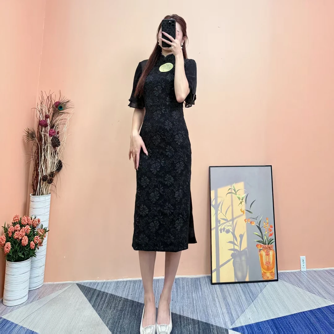 [依易原创]新中式气质复古立体浮雕 印花拼接修身旗袍裙E1301