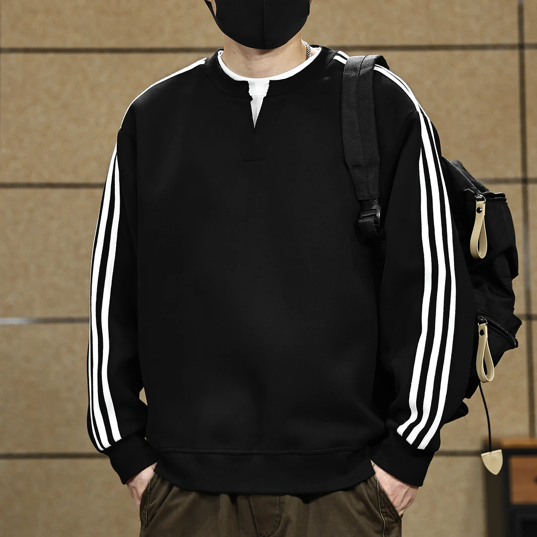 美式420g复古三条杠男士卫衣春秋季新款假两件宽松大码条纹打底衫