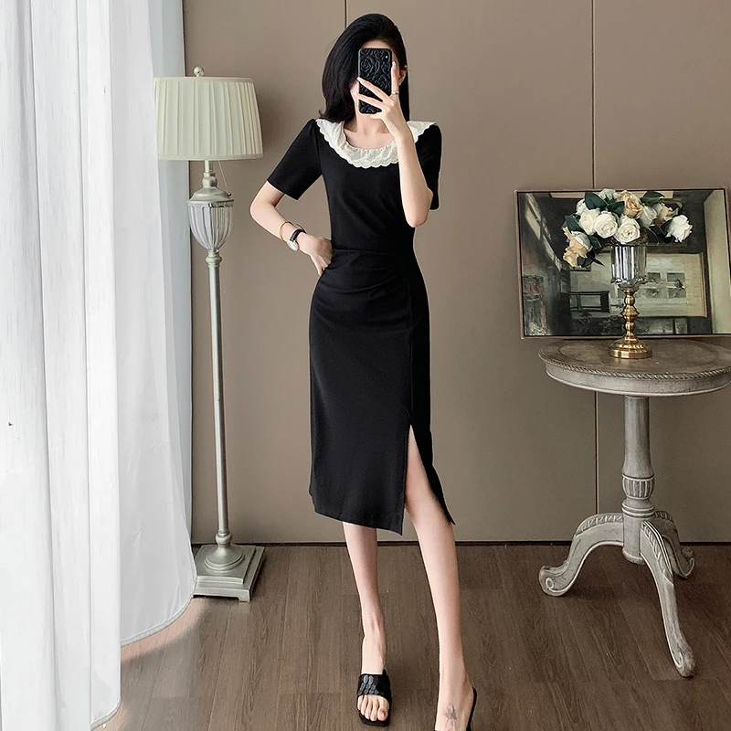 韩系黑色娃娃领连衣裙女夏季高端收腰显瘦洋气减龄时尚开叉T恤裙