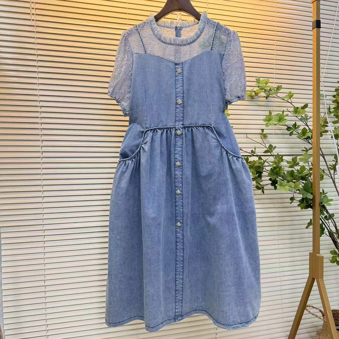 高端夏季蕾丝拼接牛仔连衣裙2025新款气质短袖收腰显瘦减龄中长裙