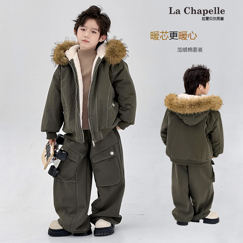 拉夏贝尔男女童套装加绒加厚秋冬季新款工装毛领儿童保暖两件套潮