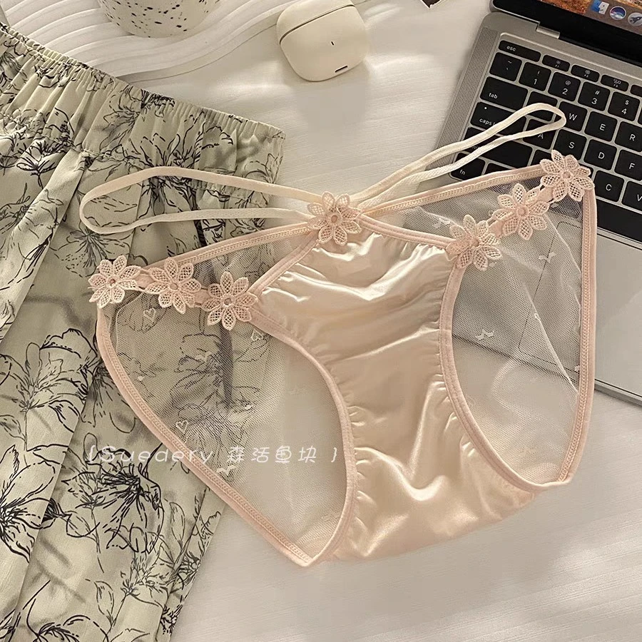 粉樱漫舞~女生纯欲风甜美高开叉低腰女士网纱镂空内裤女2025新款