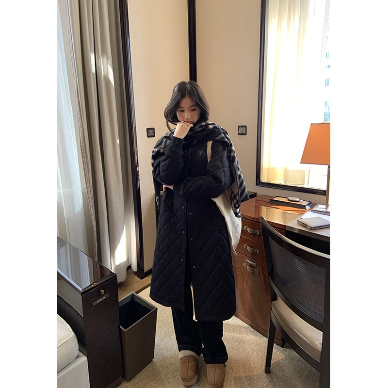 YOKLASS少女家 黑色中长款菱格外套防风长外套 Y28988S44