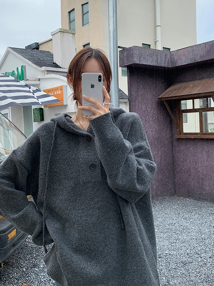 小众设计感 复古慵懒风针织连帽毛衣外套 男女同款BU226