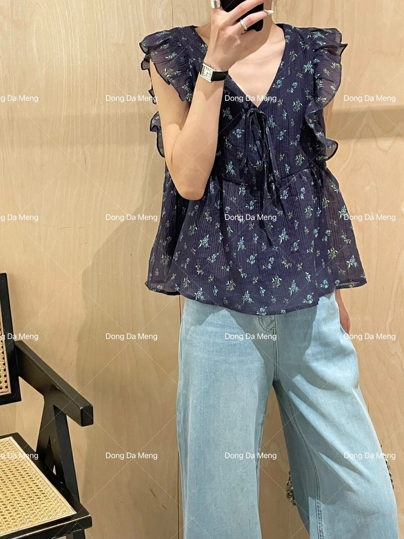 1311韩系碎花宽松娃娃衫小飞袖木耳边衬衫