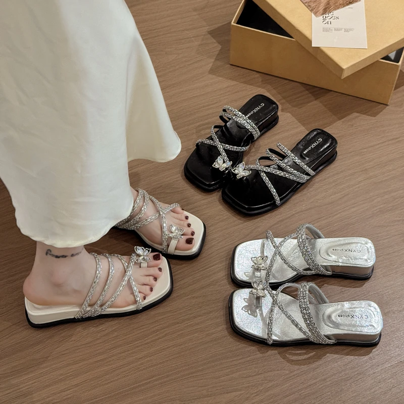 ”BAOBAO”蝴蝶结水钻夏季仙女风一字带凉拖鞋女包皮百搭外穿平底鞋