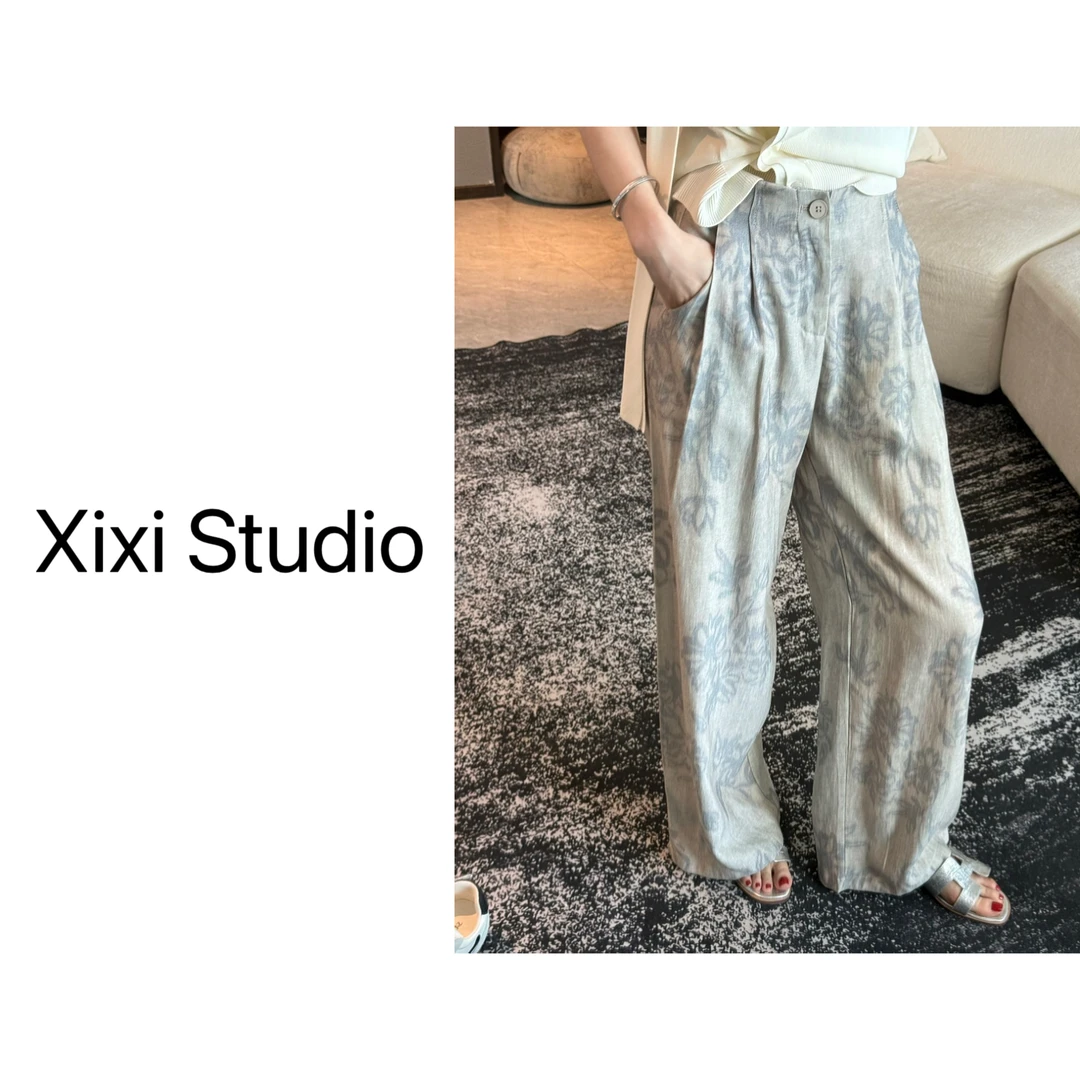 【西西】复古扎染棉麻高腰宽松印花阔腿
