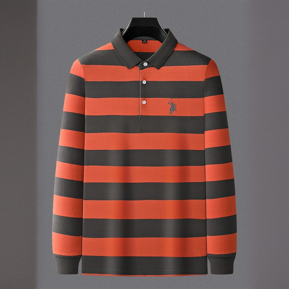 内米霍切高端条纹保长袖翻领T恤商务休闲上衣秋冬罗马刺绣polo衫