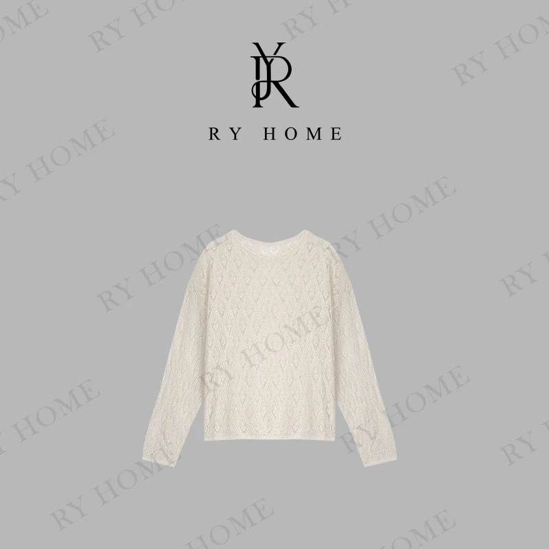 【容雨RYHOME】亚麻+莱赛尔镂空长袖套头毛衣252M2968