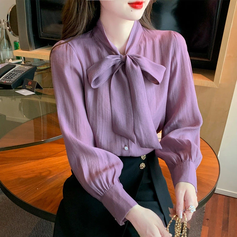 秋装2024年新款时尚雪纺职业衬衫女长袖飘带紫色衬衣气质早秋