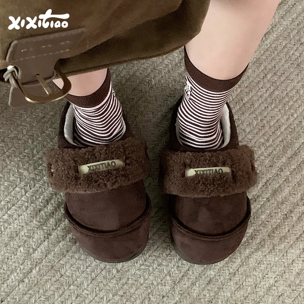 细细条 加绒勃肯包头拖鞋女冬增高防滑韩系复古风冬季户外棉拖鞋