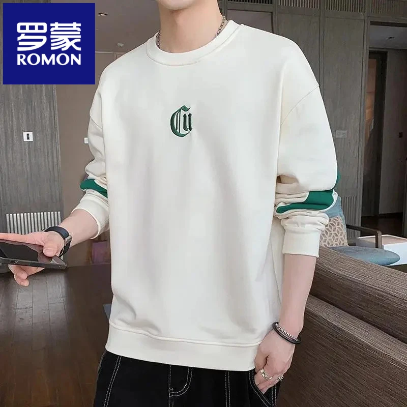 罗蒙轻奢运动卫衣男春秋季2025新款潮牌宽松长袖t恤男装打底衫上