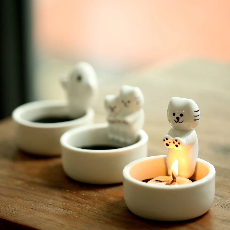 ins风卡通猫咪烤火陶瓷烛台创意工艺品节日礼物耐高温桌面装饰