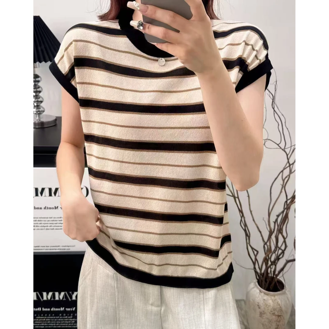 Y534-圆领短袖女2025夏季新款韩系正肩小众设计感面料短款上衣535