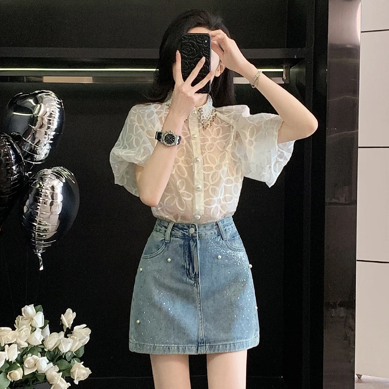 新款春秋时尚重工镶钻气质百搭休闲衬衣女高级感显瘦百搭衬衫女潮