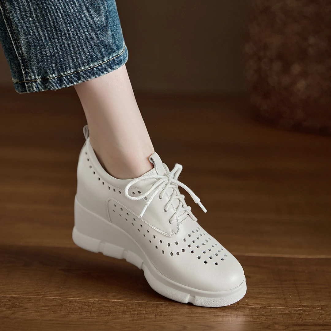 AACCK手工女鞋9cm~白色休闲百搭小皮鞋厚底时尚系带深口坡跟单鞋