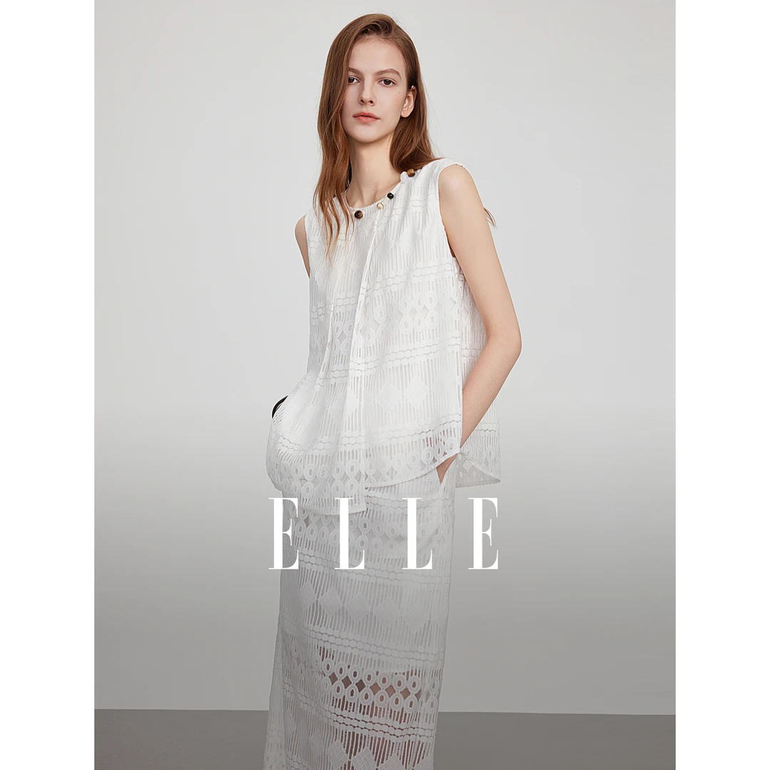 ELLE法式度假镂空无袖小衫女2025夏季新款波嬉时尚EM52395