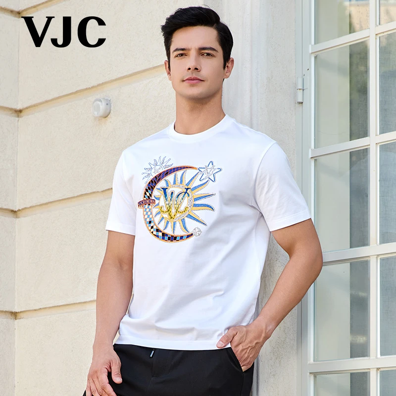 VJC/威杰思【3D烫珠】2025夏季新款圆领短袖T恤烫钻提花B24BA1021