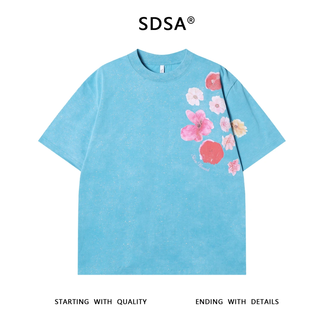 夏季高级感新款男士满天星字母花卉印花短袖T恤时尚情侣圆领上衣