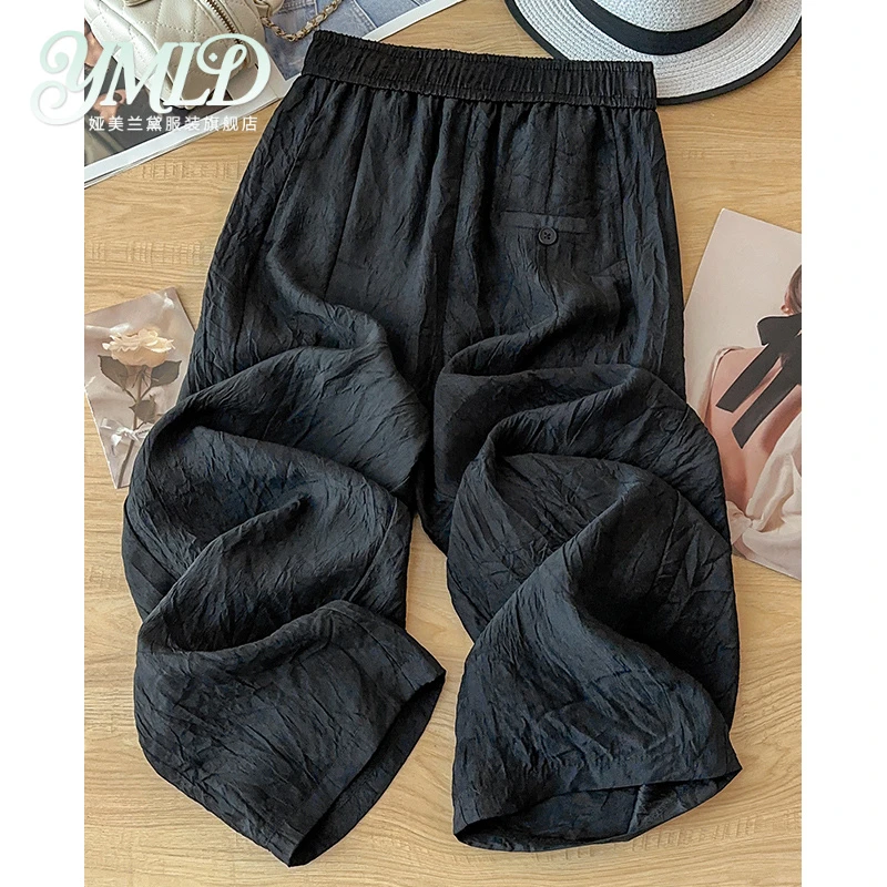 黑色醋酸缎面阔腿裤女夏季薄款2025新款宽松压花弯刀裤九分香蕉裤