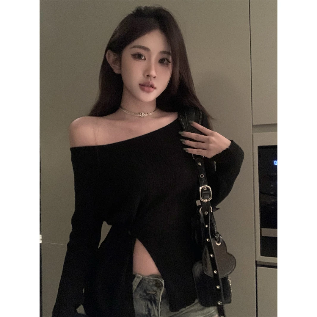短款性感小众修身收腰显瘦长袖开叉T恤打底辣妹秋季一字肩上衣