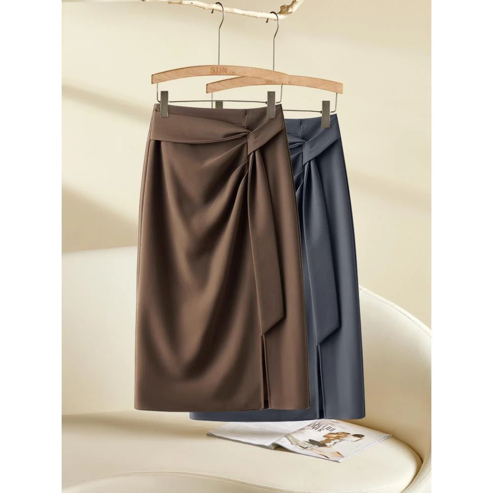 艾格开叉裙子半身裙夏季包臀裙2025新款高腰显瘦一步裙中长气质西