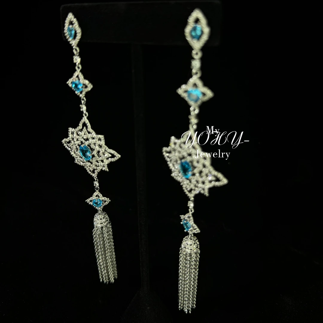 铜合金锆石耳饰 YOHY【镀金】冰蓝镂花耳坠A25