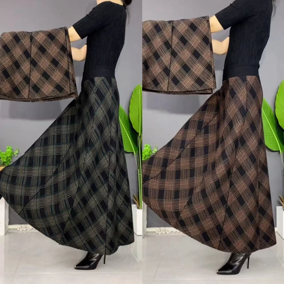 秋冬新款高腰半身裙显瘦百搭大摆格子半身裙松紧腰妈妈装毛裙