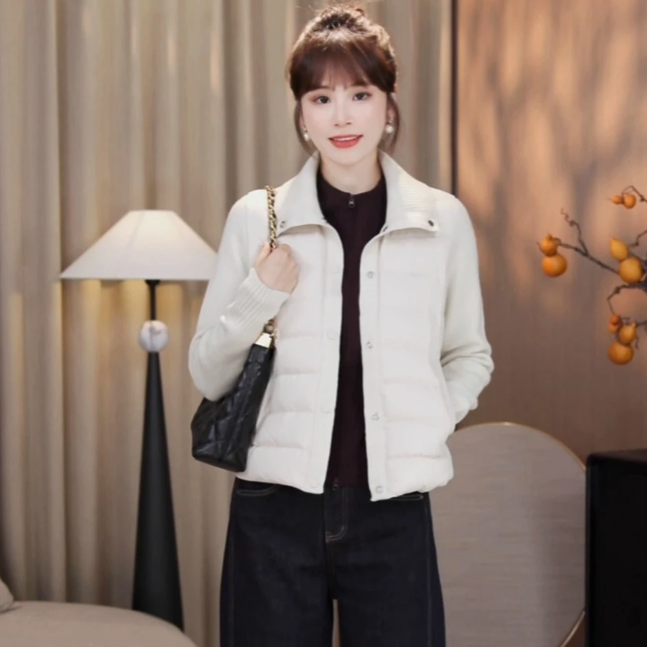 复古短款棉服女2025秋冬新款设计感针织拼接V领外套保暖修身棉衣