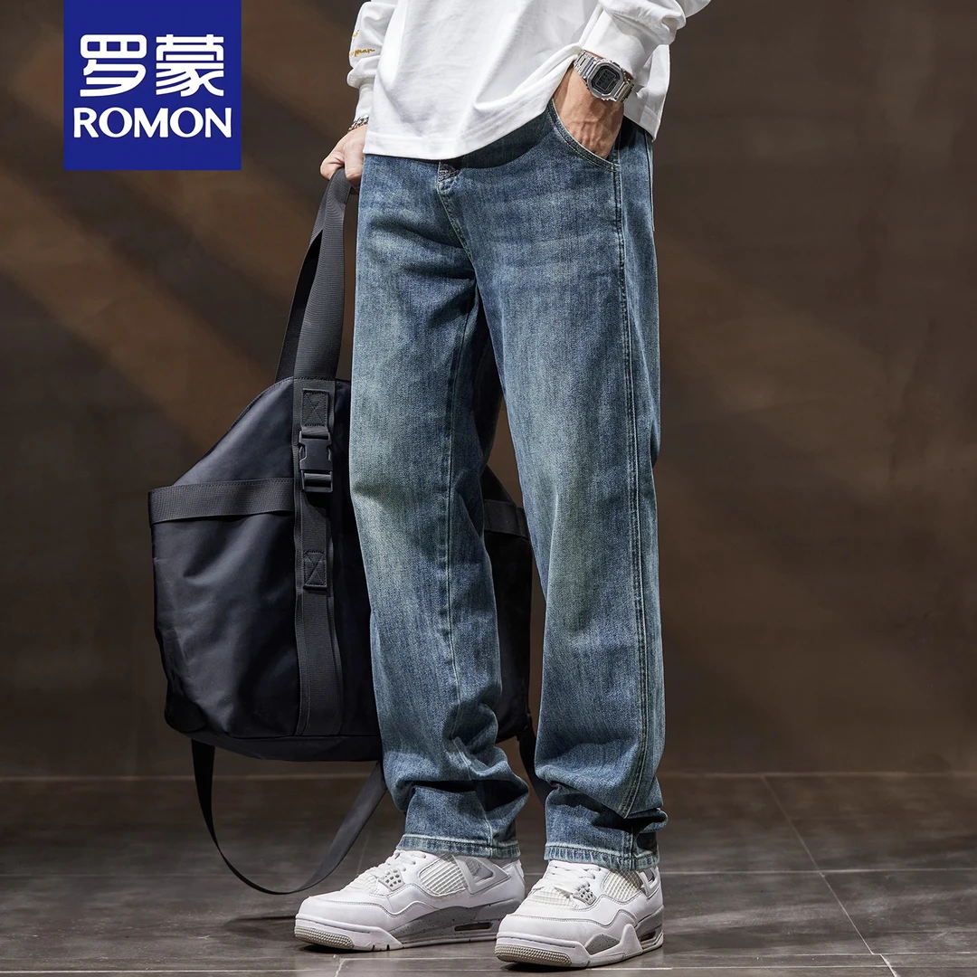 罗蒙高端斜口袋牛仔裤秋季2025新款宽松直筒复古水洗阔腿裤子潮牌