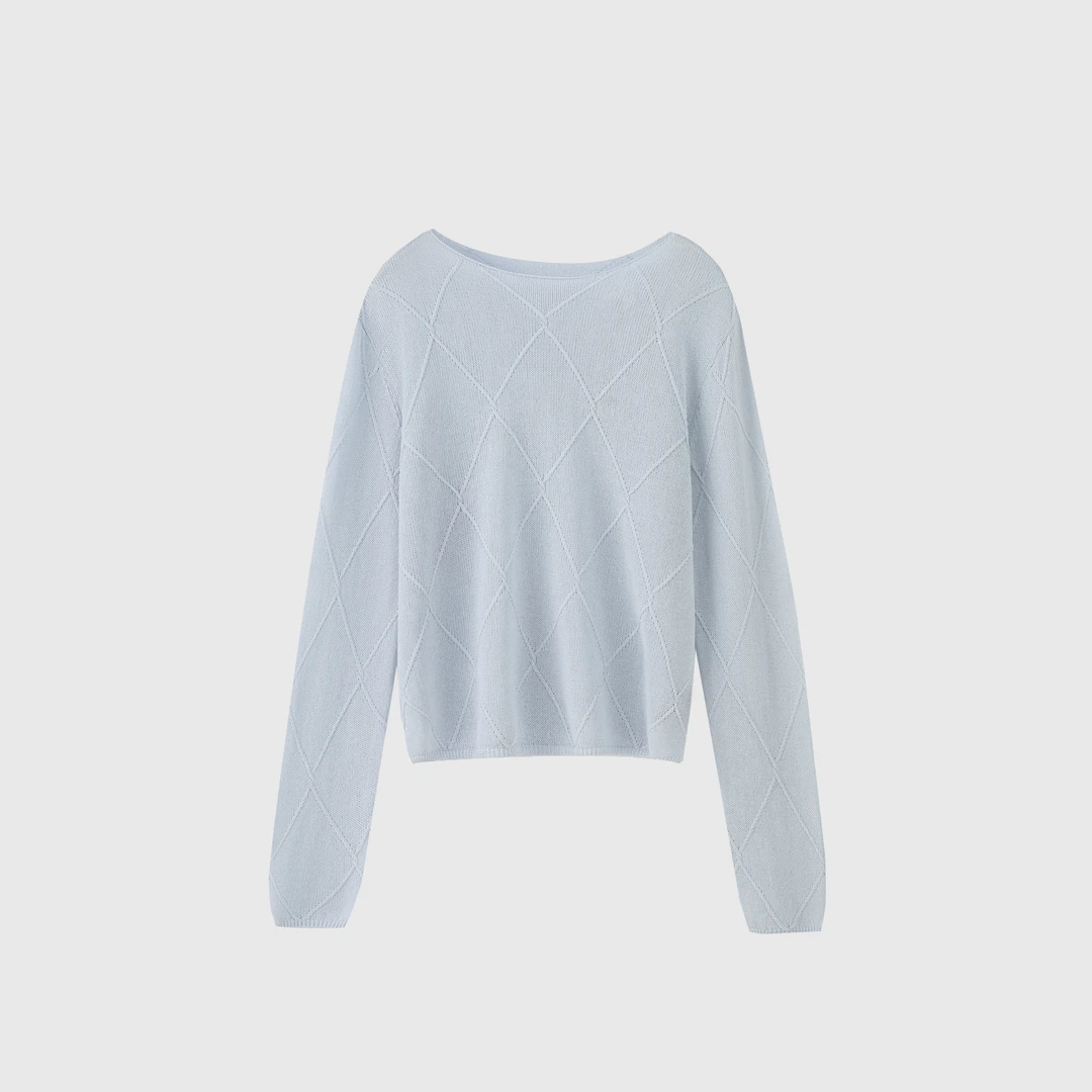 2025年新款进口高端和纸纱一字领慵懒风设计师菱形格套头衫