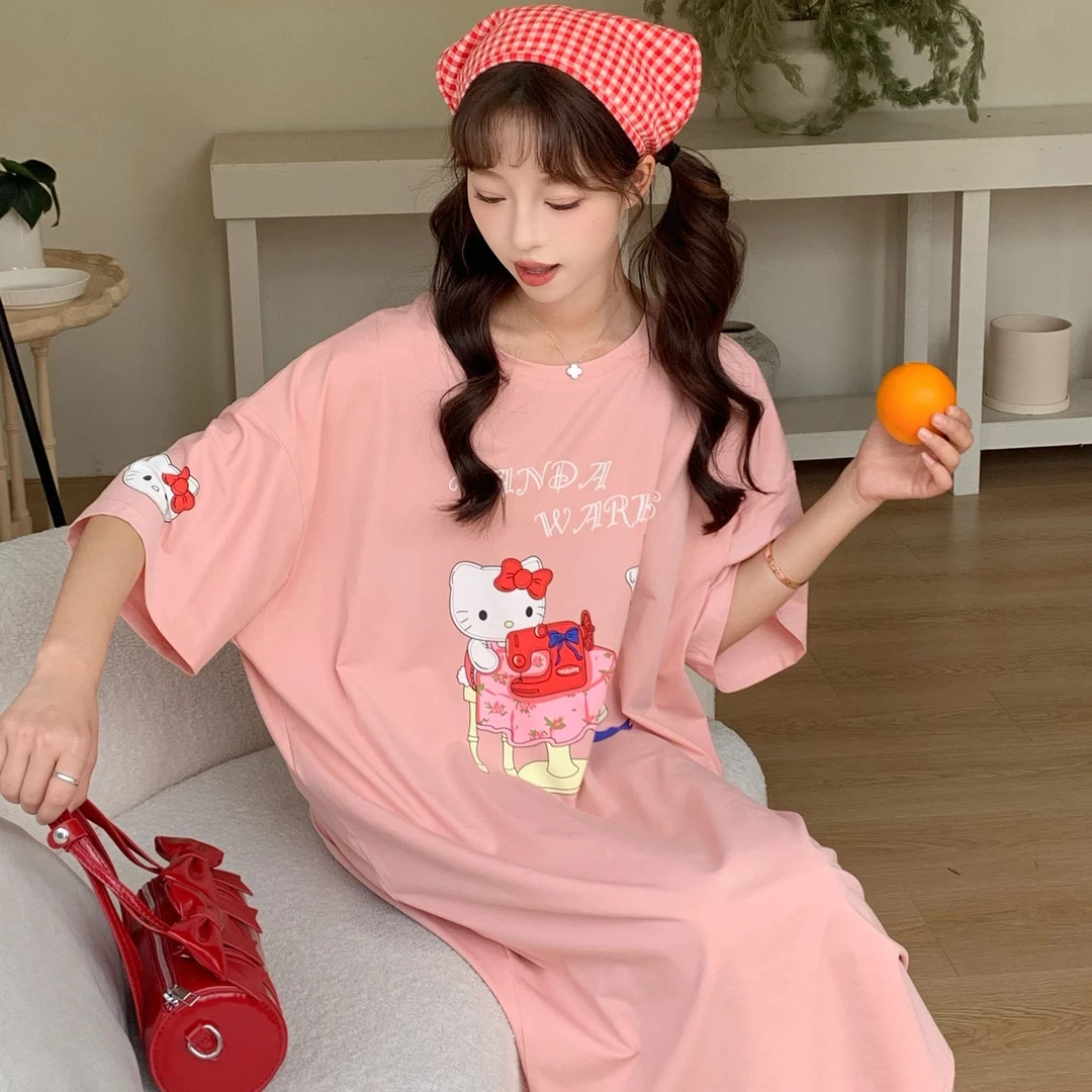 韩国ins纯棉可爱卡通猫短袖睡裙女士夏季宽松休闲睡衣中长裙