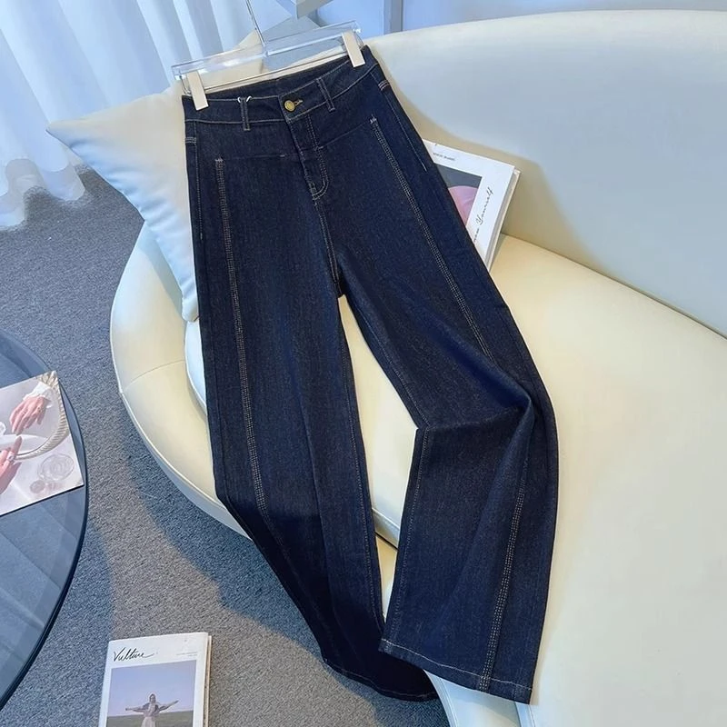 深蓝色丹宁宽松牛仔裤女显瘦2025年夏季新款高腰直筒阔腿拖地裤子